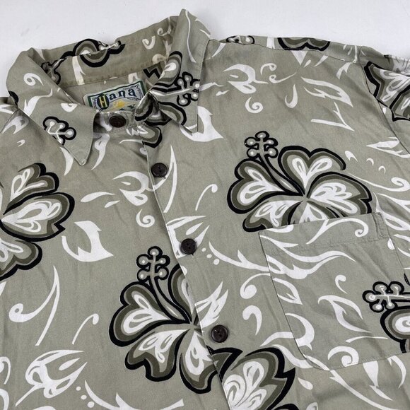 Hana Bay Hawaiian Shirt Mens XL Floral Short Sleeve Button Up Green Rayon Pocket - Picture 1 of 11